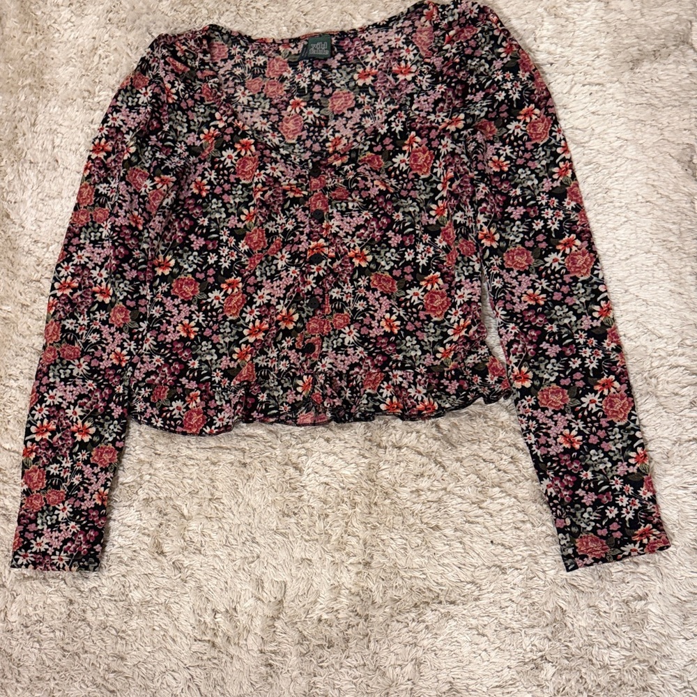 wild fable Black Long-Sleeve Floral V-Neck Top with Pink & Red Roses
